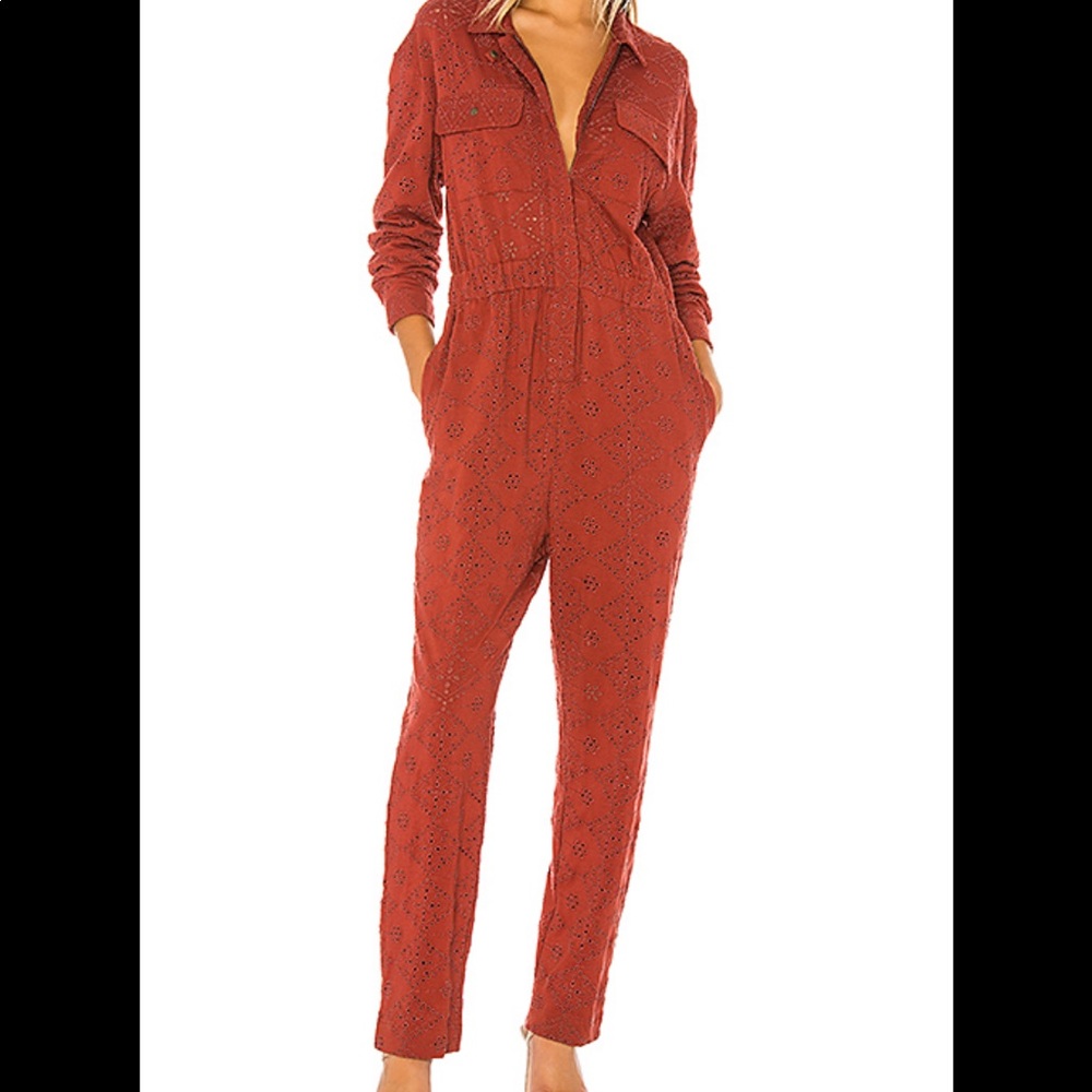 Free People Brick Red Eyelet Long-Sleeve Jumpsuit